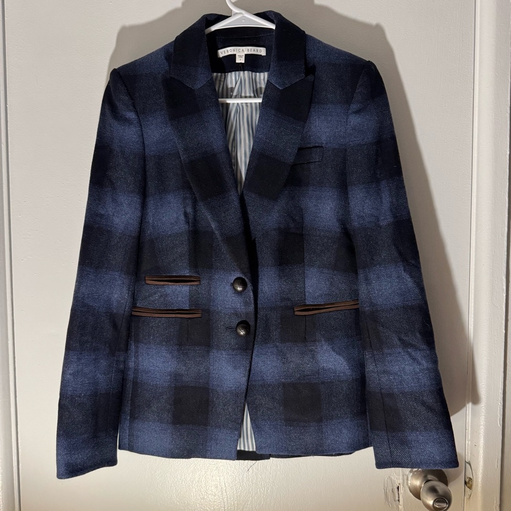 Veronica Beard Blue Navy Plaid Hudson Dickey jacket Blazer elbow pads size 4 - Picture 2 of 6